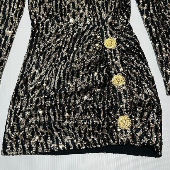 Balmain Strong-Shoulder Mini Dress 40/US 8 Gold Black Sequin Back Zip NWT $3650 - Picture 7 of 14